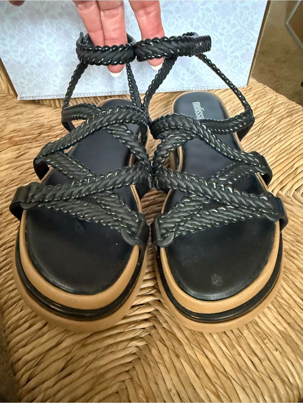 Melissa Black Braided Platform Sandals with Tan Trim